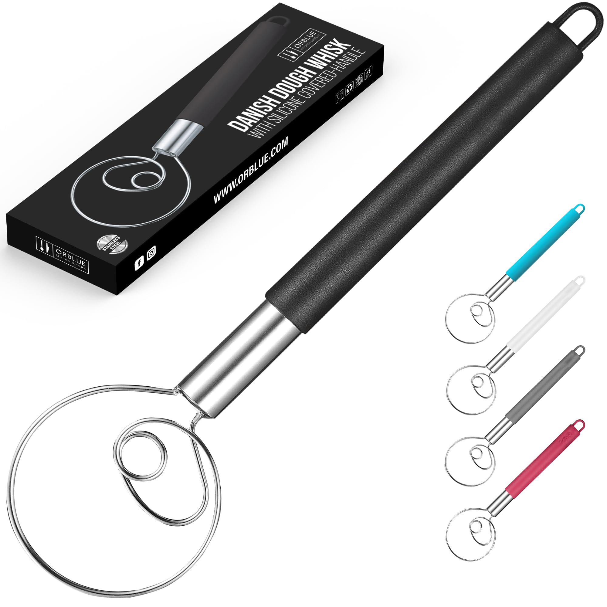 ORBLUE Danish Dough Whisk with Silicone Covered-Handle, Stainless Steel Mixer, Black