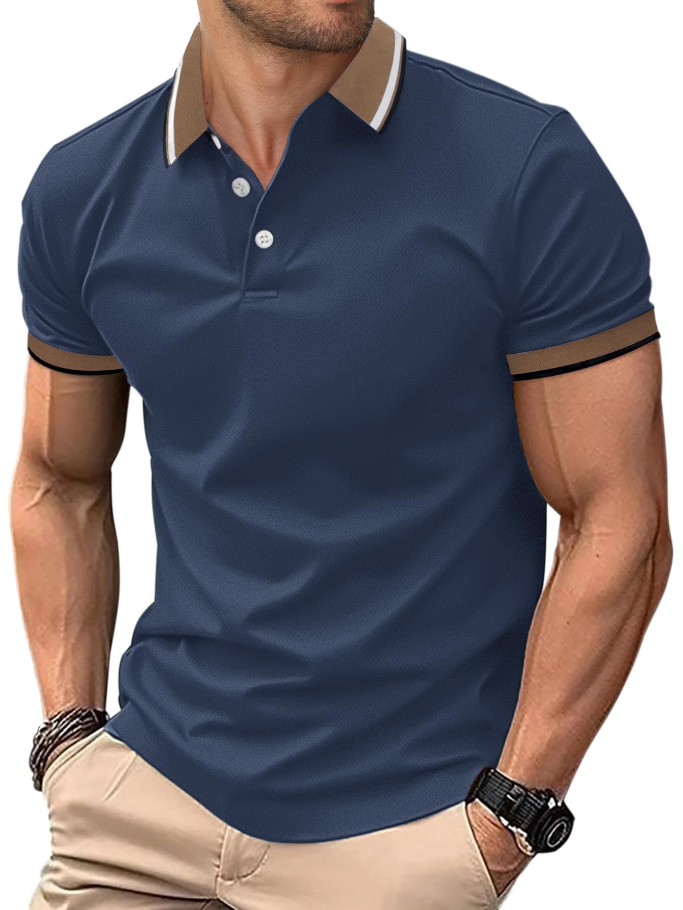 HMIYA Herren Poloshirt-Kontrast Kurzarm Poloshirt Herren Basic Sommer Shirt,Navyblau,XL