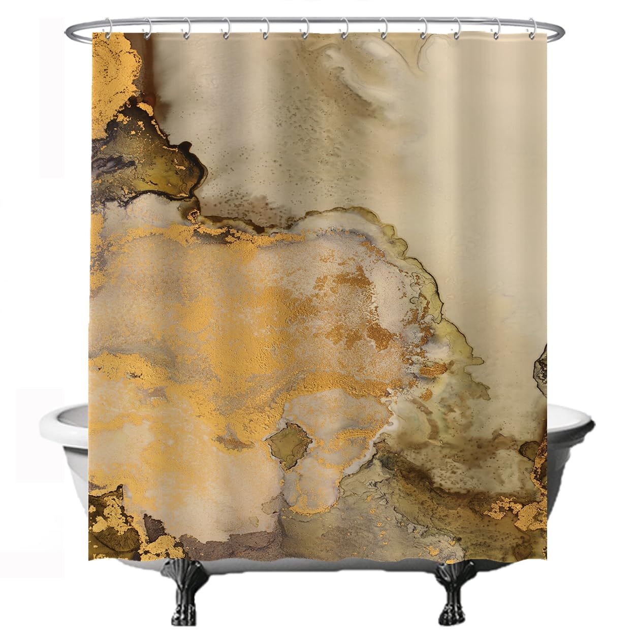 Ulticool Shower Curtain - Marble Colours - 180 x 200 cm - Washable - Anti-Mould - with 12 Rings - Gold Sepia Brown