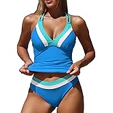 ZAFUL Tankini Swimsuits for Women Tummy Control Halter Neck Mid Waist Ruched Color Block Two Piece Bathing Suits Swimwear(1-Light Blue, S)