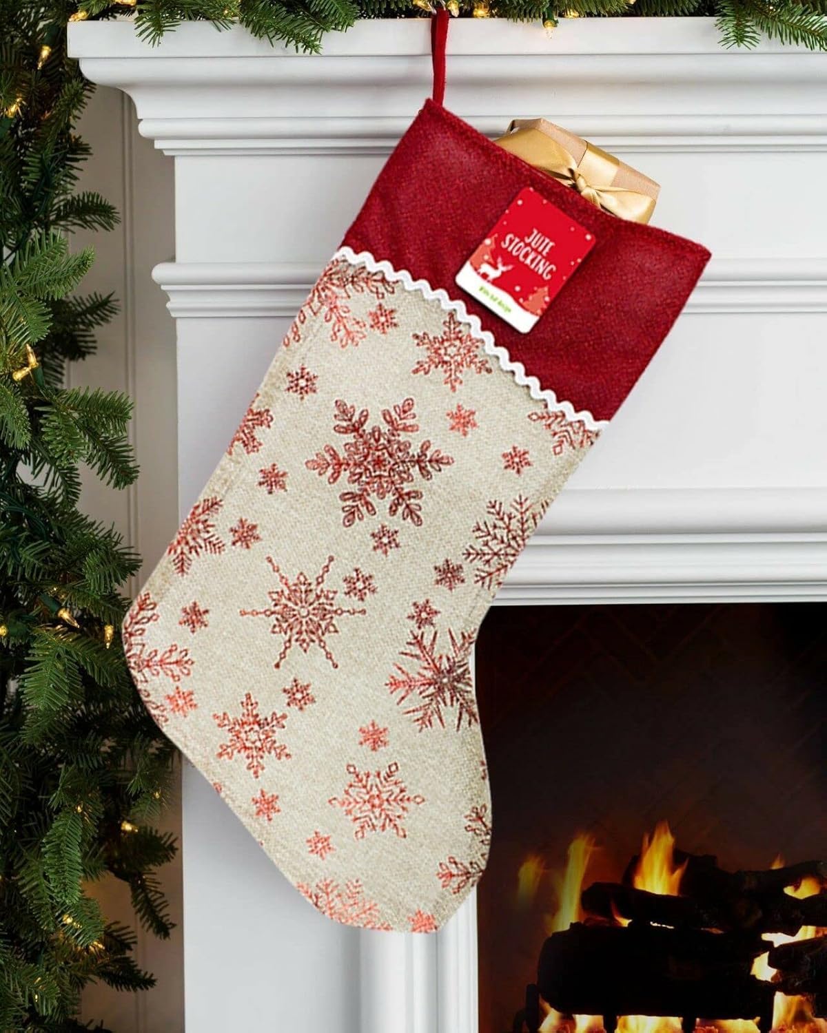 Christmas Stocking, 40cm x 25cm, Red and White with Snowflake Pattern