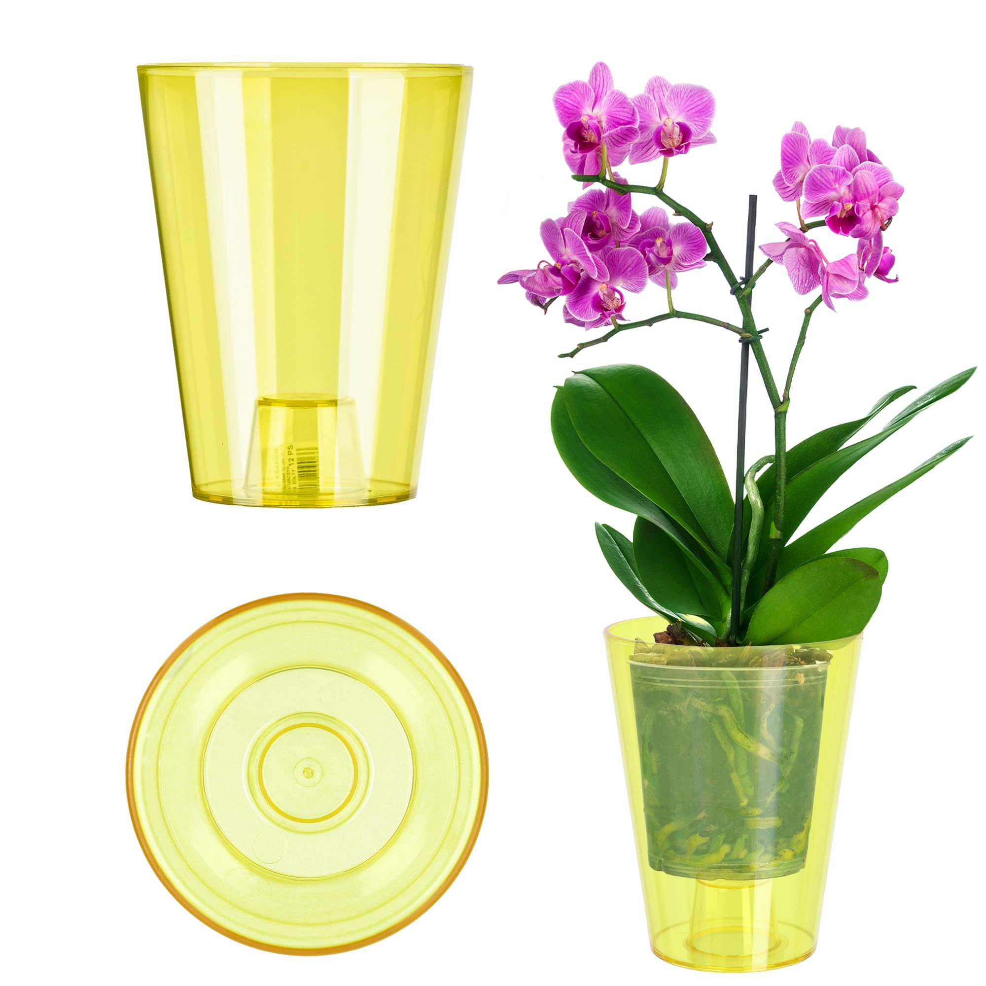 KADAX Orchid Pot, Plastic Flowerpot in Several Colours, Lightweight Plant Pot in Multiple Sizes, Elegant Pot for Living Room, Office and Bedroom (⌀12 cm, Round, Yellow)