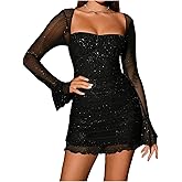 SHENHE Women's Glitter Sequin Mini Bodycon Dress Long Sleeve Ruched Party Wedding Guest Dress