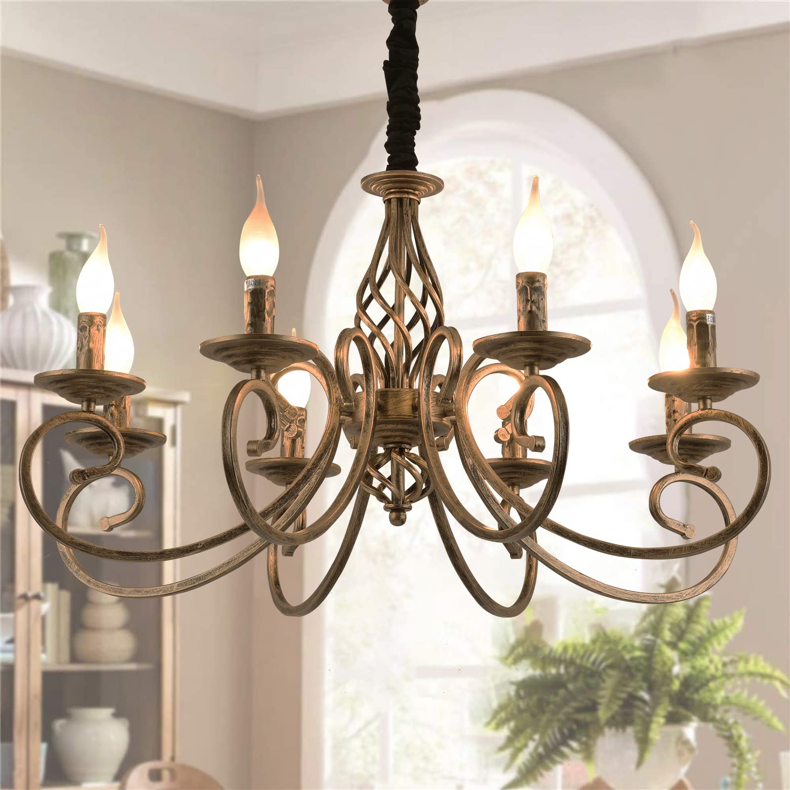 Ganeed Rustic Chandeliers Candle French Country Chandelier Vintage Iron Pendant Light Fixture Hanging Light for Farmhouse Kitchen Island Dining Room Bedroom Bronze 8 Lights