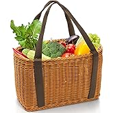 YIMITEE Wicker Shopping Basket with Handle, 12" x 8.5" x 6" Hand-Woven Picnic Basket, Open Top Market Harvest Basket for Food Storage, Kitchen Organization, Home Decor, Camping, Easter Eggs, Gifts