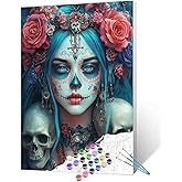 Tucocoo Day of The Dead Blue Hair Woman Sugar Skull Paint by Numbers Fantasy Art Floral Skulls Roses Paint by Number Kit for Adult, with Brushes and Acrylic Pigment 16''W X 20''H （Without Frame）