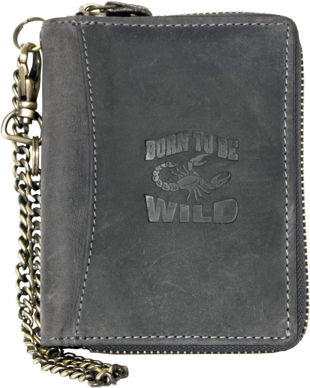 Men's Grey Metal Zip-around Large Genuine Leather Wallet Born to be Wild with Scorpion
