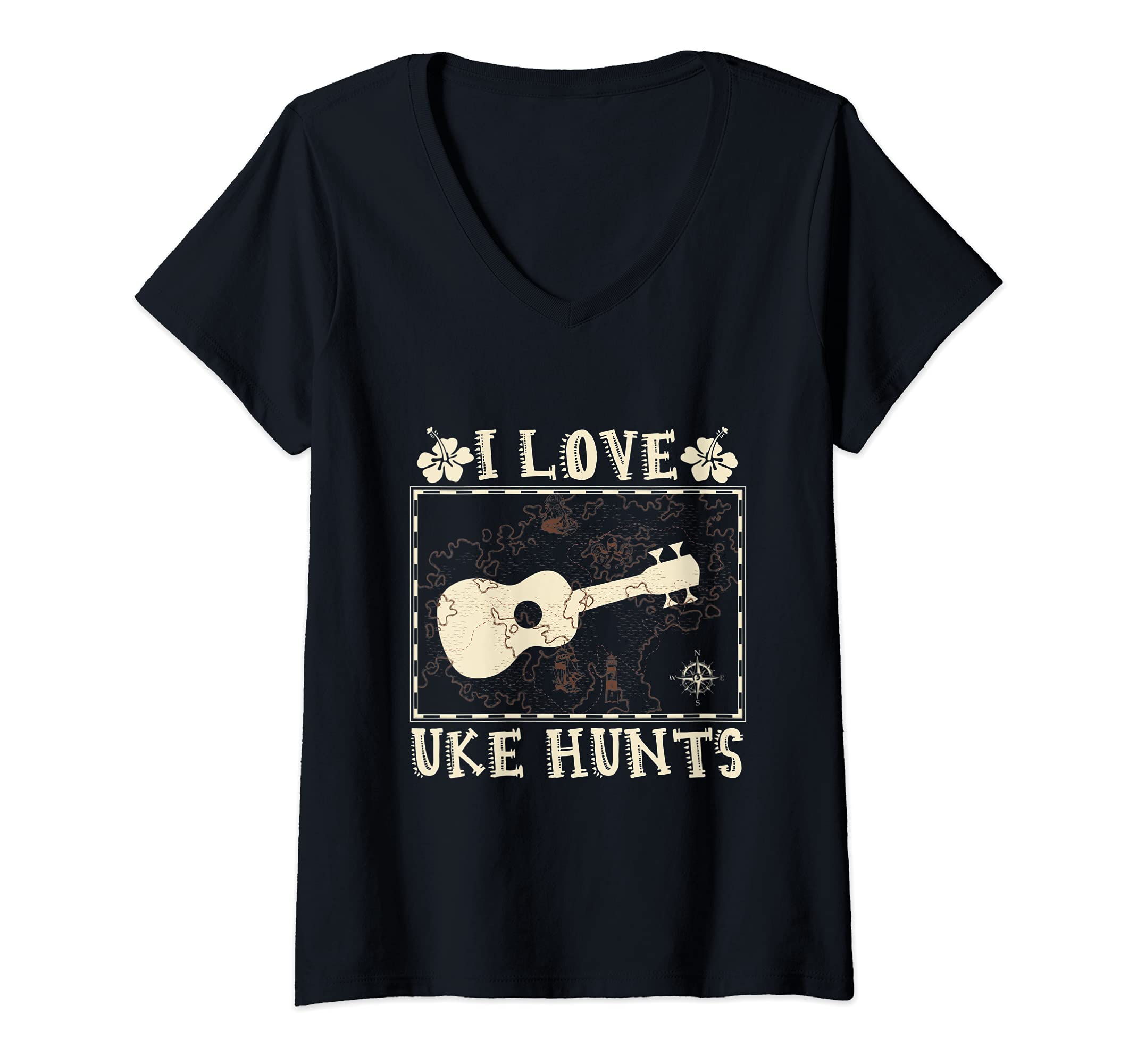 Womens I Love Uke Hunts Hawaiian Musician Hawaii Acoustic Guitar V-Neck T-Shirt