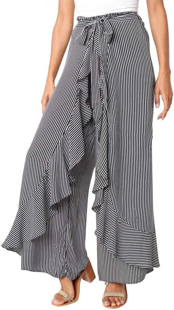 CCatyam Pants for Women, Petite Wide Leg Trousers Striped High Waist Ruffle Loose Fashion