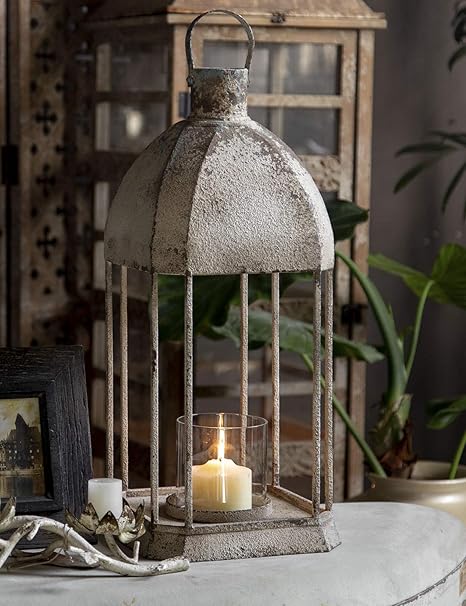 Amazon Com Sofe Garden Metal Candle Lanterns Outdoor Decorative Farmhouse 21 Large Vintage Hurricane Candle Holder For Pillar Candle Rustic White Distressed Finished Candle Holders For Front Door Porch Decor Home Kitchen