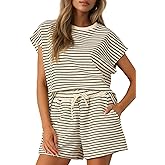 Sweetmoon Two Piece Sets for Women Summer, Striped Matching Pajamas for Women Set Shorts and Top, Travel Lounge Outfits