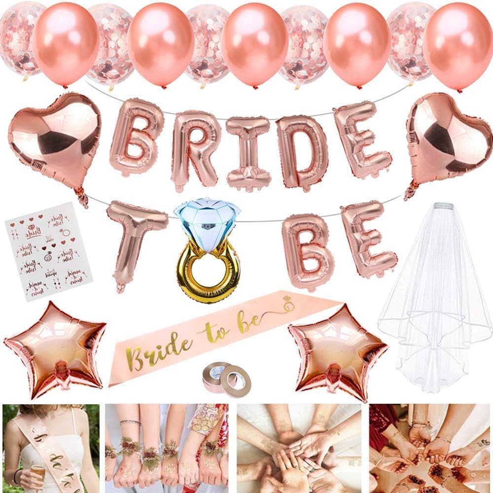 MMTX Bride to Be Sash Veil Rose Gold Balloons Hen Party Decoration Accessories for Bachelorette Bridal Party,Confetti Balloons Badge Star Heart Foil Balloons Tattoos for Bridal Shower Hen Night Party
