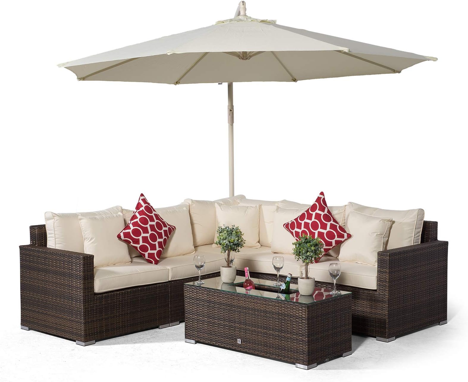 Giardino Havana 5 Seat Brown Rattan Corner Sofa Set + Large Ice Cooler Table, Parasol + Outdoor Furniture Cover | L Shaped Outdoor Corner Sofa | 7 pc Patio Poly Rattan Garden Sofa Set with Sun Lounger