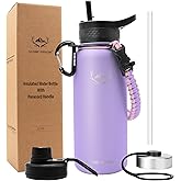 NATURE PIONEOR Insulated Water Bottles with Paracord Handle - 32 oz Vacuum Sports Wide Mouth Water Bottle with 3 Lids, Leak Proof Stainless Steel Keeps Hot and Cold
