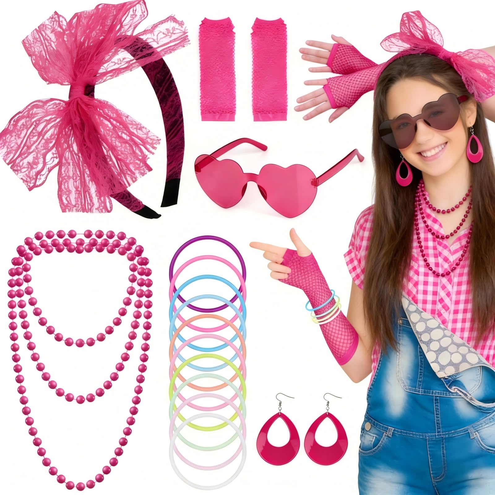 Kareeran 80s Fancy Dress for Women Girls, 17Pcs Ladies 80s Accessories, 90s Retro Headbands Earrings Fishnet Gloves Sunglasses for Dress Up Party