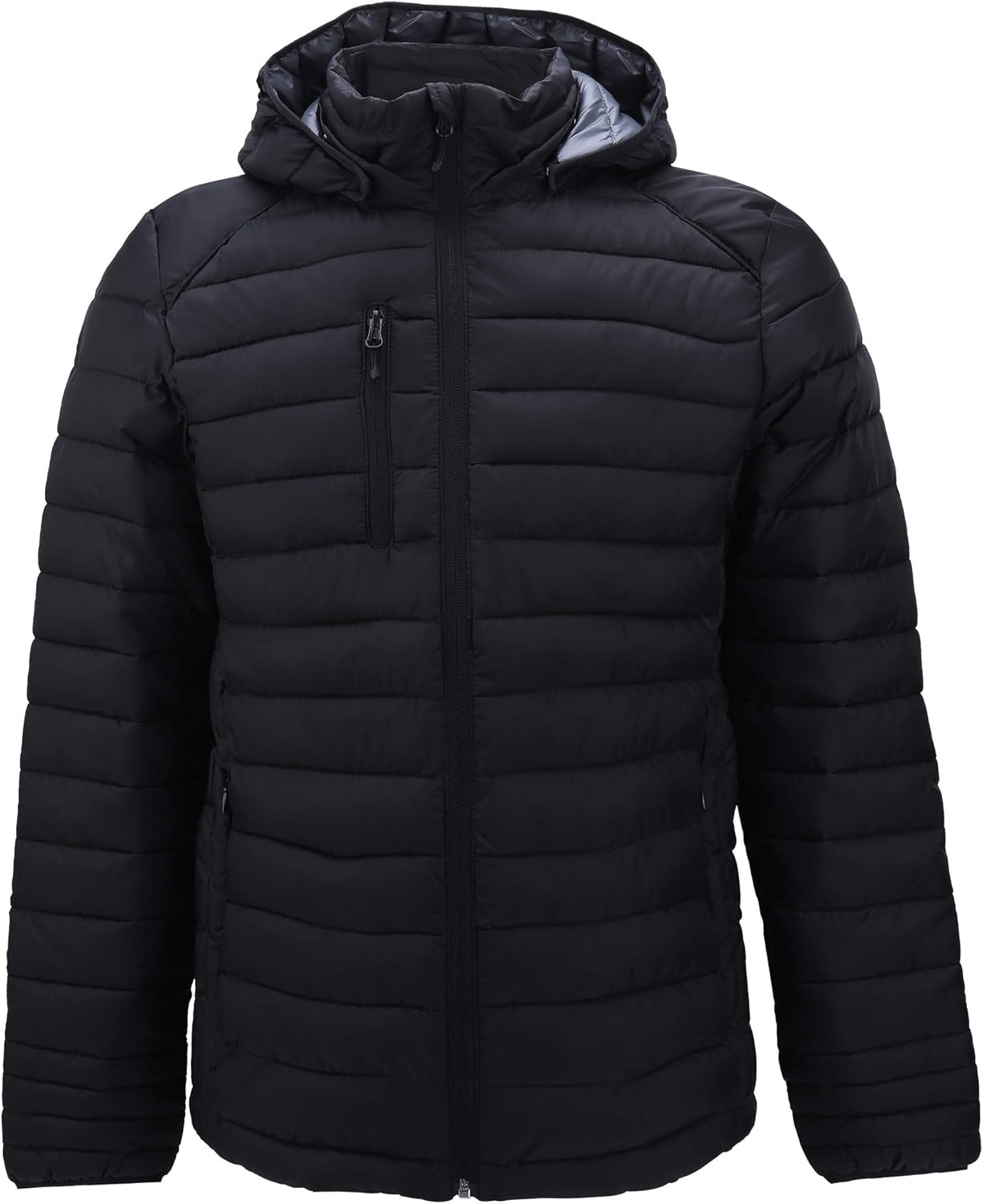 Mens Down Alternative Jacket Quilted Lightweight Packable Padding Coat with Detachable Hood: Clothing