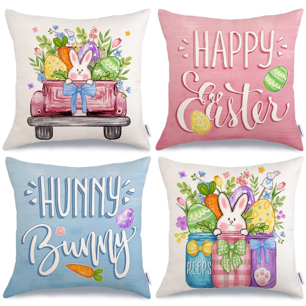 GEEORY Happy Easter Eggs Hunny Bunny Throw Pillow Covers 20x20 Inch Set of 4, Peeps Mason Jars Truck Spring Decorative Farmhouse Holiday Cushion Case for Home Decoration G688-20