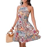 CUPSHE Women's Paisley Boho Dress Halter Neck Sleeveless Smocked Elastic Waist Summer Mini Dresses