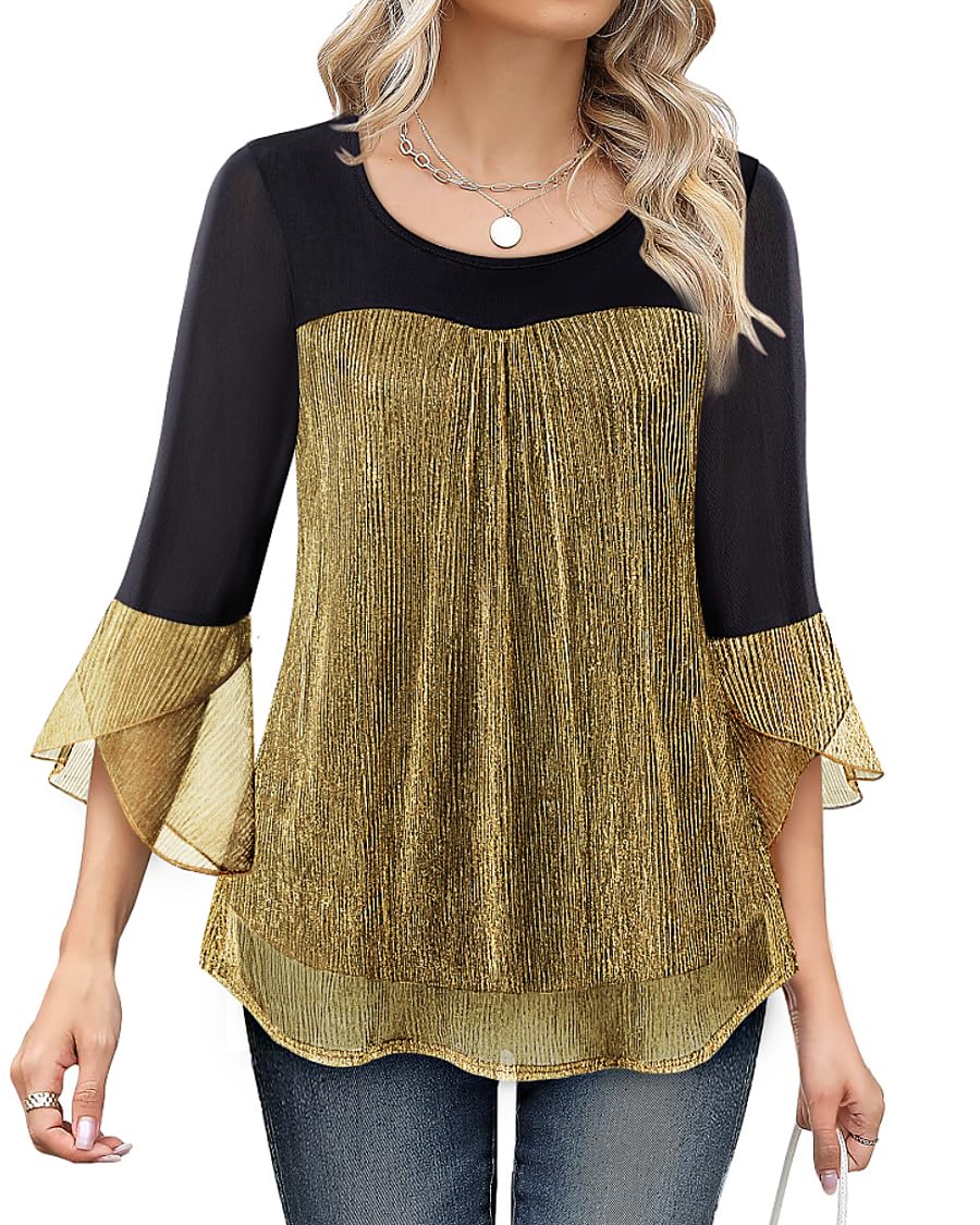 Photo 1 of Bebonnie New Years Eve Outfits: Ladies Long Sleeve Winter Dress Shirts Elegant Sparkly Cocktail Dinner Party Blouses Evening Wear Flowy Wedding Guest Flattering Outfits to Hide Tummy Black Gold XL