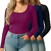Evervibe 3 Packs Women Plus Size Tops Long Sleeve Shirts Scoop Neck Slim Fit T Shirts U Neck Comfy Casual Basic Ladies Tees