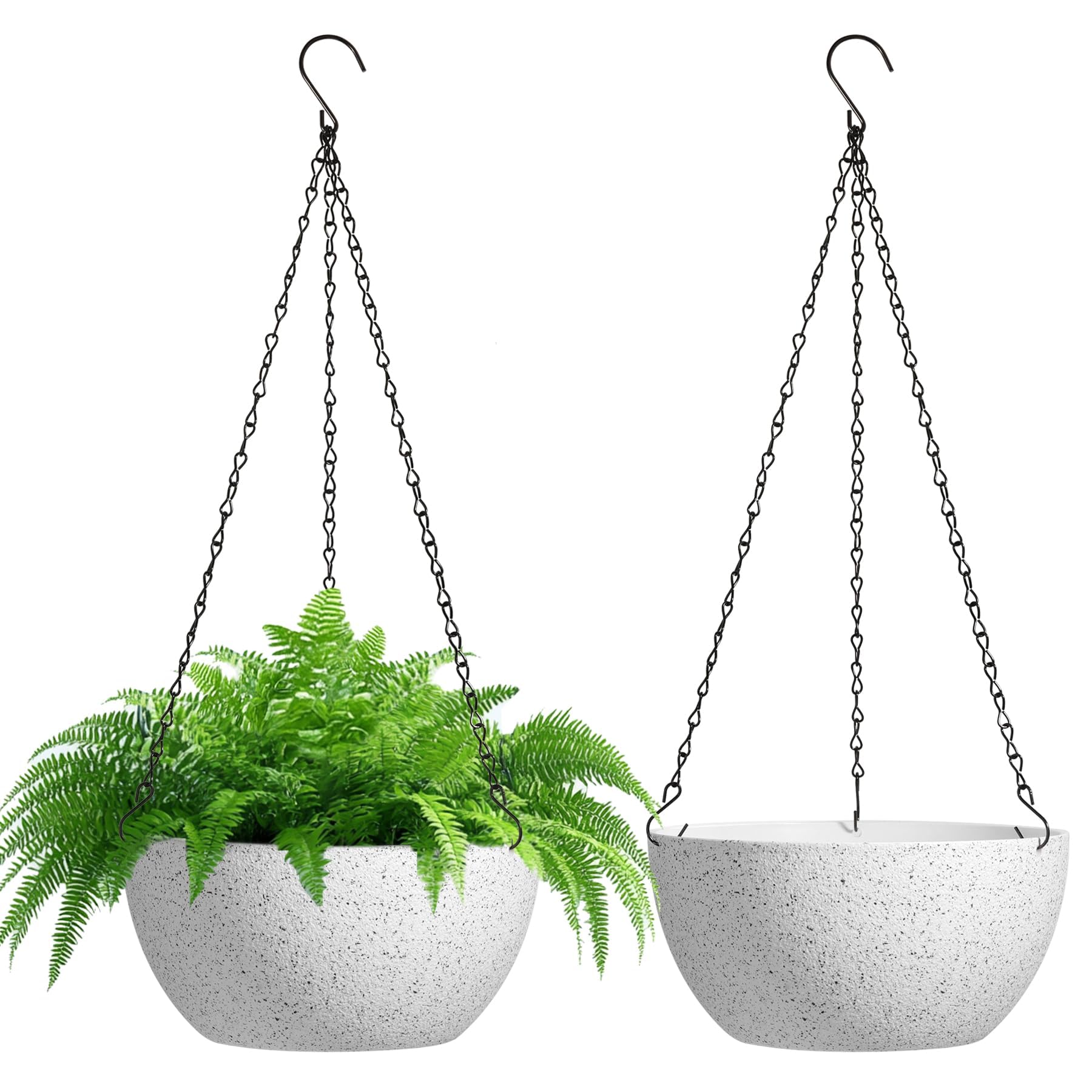 T4U 25CM (10 Inch) Hanging Plant Pots Pack of 2, Plastic Hanging Basket Flower Container Holder Garden Home Decoration for Indoor Outdoor Plants, White Hanging Planter with Chain for Garden Outside