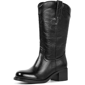 Sysolefort Women's Mid Calf Boots with Zipper, Square Toe Chunky Block Low Heel Riding Cowboy Boots for Women Casual Fashion