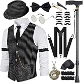 VillbeCoser 1920s Mens Costume Roaring 20s Costumes Accessories Set 1920s Vest Suspenders Hat Pocket Watch Tie