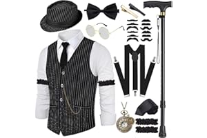 VillbeCoser 1920s Mens Costume Roaring 20s Costumes Accessories Set 1920s Vest Suspenders Hat Pocket Watch Tie