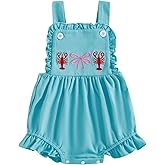 Gueuusu Smocked Baby Girl Clothes Crawfish Bow Embroidery Ruffle Sunsuit Shrimp Sleeveless Romper Bodysuit Cute Summer Outfit