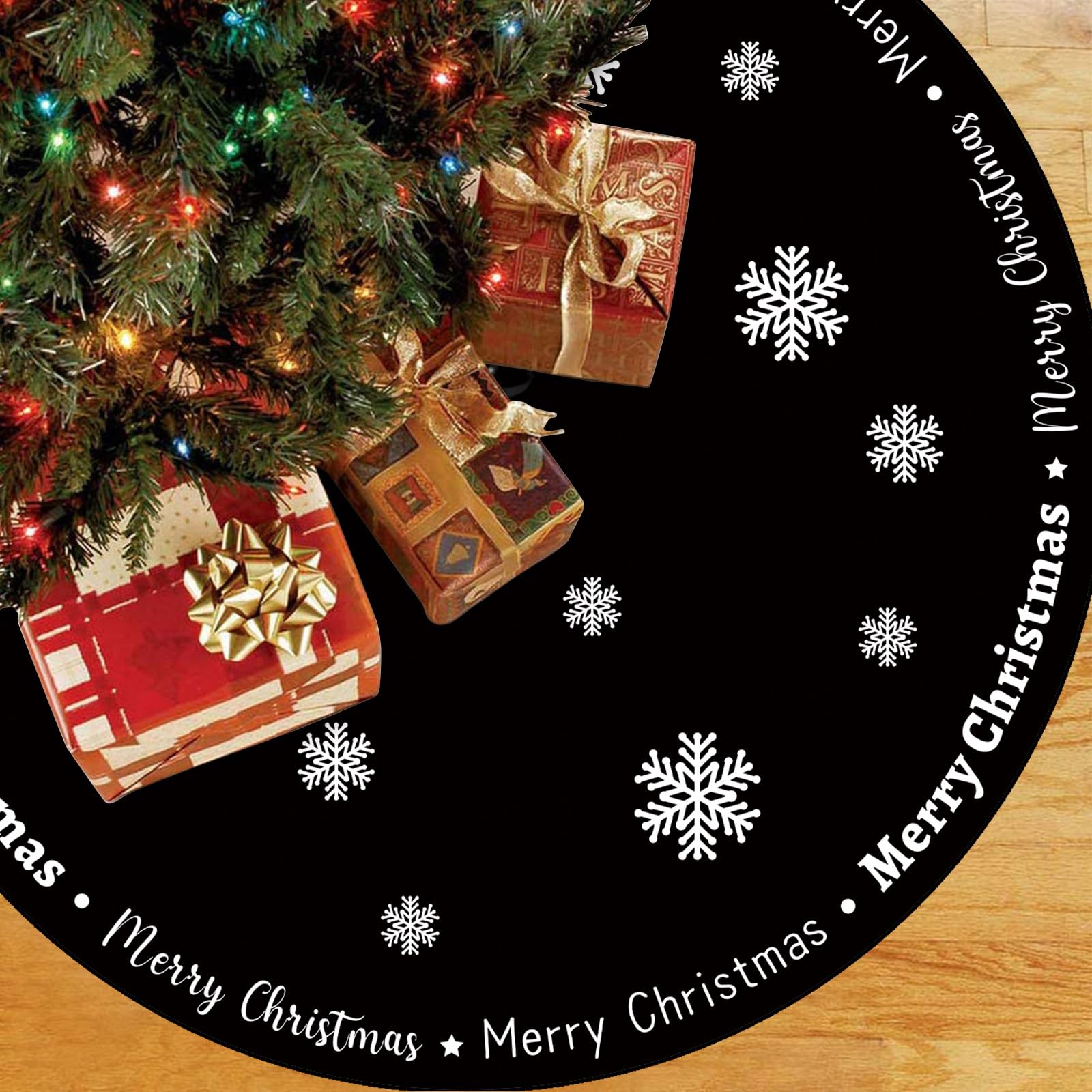 Christmas Tree Skirt, 48 Inch Large Black White Snowflake Tree Skirt Cover, Luxury Polyester Round Xmas Tree Mat for Christmas Party Winter Holiday New Year Decoration Indoor Outdoor