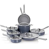 Ninja&reg; Ceramic Pro 14-Pc Cookware Set, PFAS-Free, Midnight Blue, CW39014MM | Titanium-infused ceramic, 10-year nonstick guarantee. No lead, cadmium. All stovetops &amp; induction compatible. Broil to 550&deg;F.