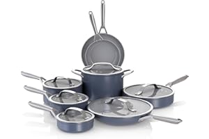 Ninja NeverStick Ceramic Pro 14-Piece Cookware Set, Non-Stick Pots & Pans Set with Glass Lids, Ceramic Coated, Stainless Steel, Stove to Oven Safe, All Stovetops & Induction Compatible, Blue CW39014MM