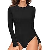 MANGOPOP Women's Long Sleeve Bodysuit Crew Neck Sweater Slim Fitted Body Suit Thermal Fleece Ribbed Knit Fall Tops 2025