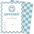 JarThenaAMCS 25 Set Smile Face Party Invitations with Envelopes Retro Light Blue Checkered Happy Face Paper Invites for Birthday Celebration Party Decor, 5 x 7 Inch