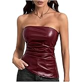 Milumia Women's PU Faux Leather Ruched Tube Top Strapless Asymmetrical Hem Crop Going Out Tops