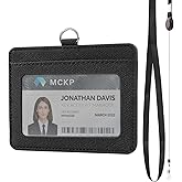 PU Leather ID Badge Holder with Breakaway Retractable Reel Lanyard - Double-Sided Horizontal ID Card Holder for Teachers, Clear Window, 2 Storage Compartments (Black)