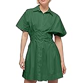synound Women’s Button Front Down Pleated Shirt Dress Summer Casual Striped Short Sleeve Blouse Mini Dresses