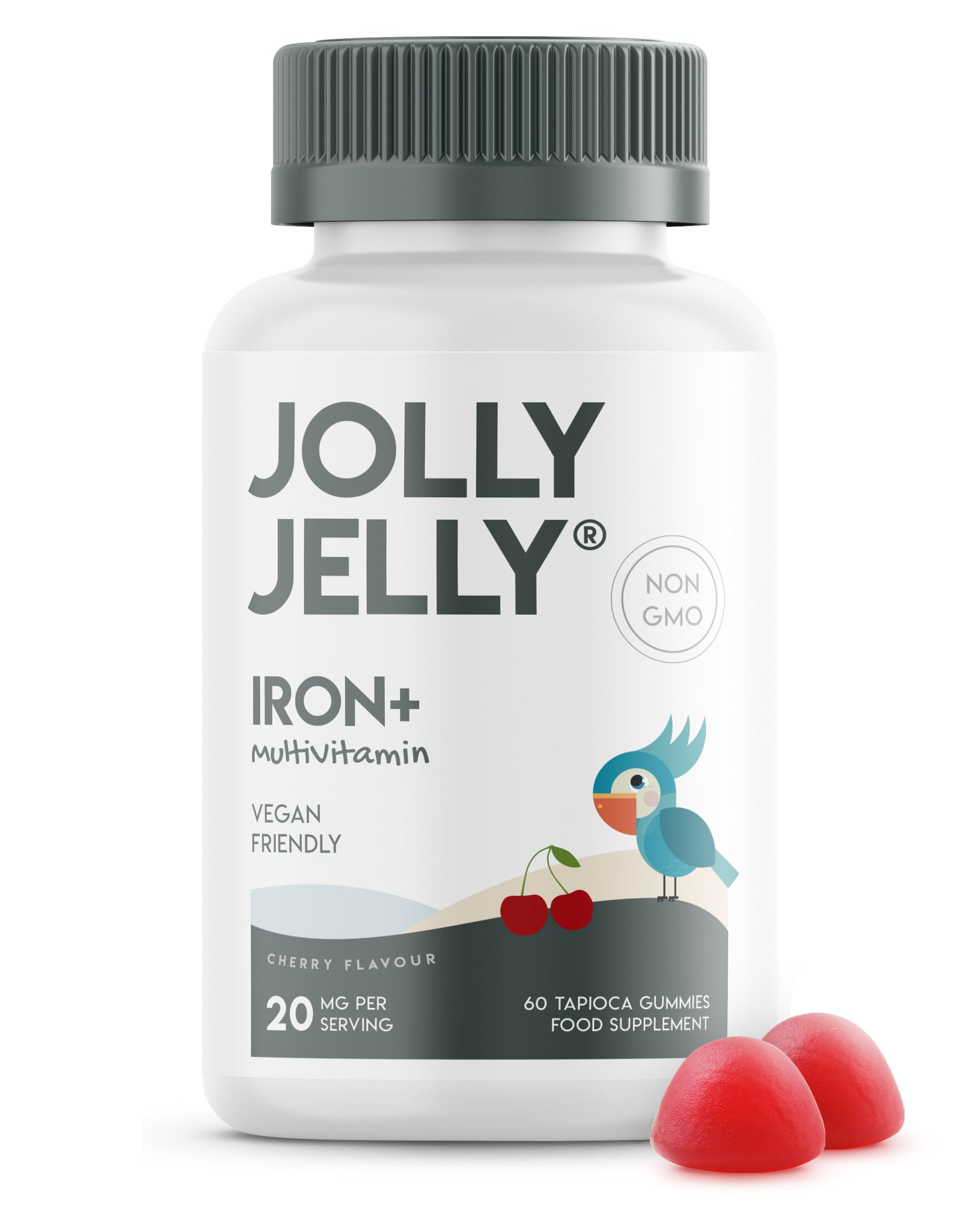 Iron 20mg Gummies - with Vitamin C, Niacin, B6, B5, B12, Folic Acid & Biotin - Potent Formula for Energy & Immunity - Cherry Flavour - 60 Vegan Gummies - By Jolly Jelly