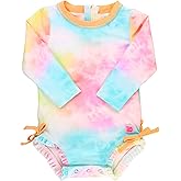 RuffleButts Baby Girls UPF 50+ Sun Protection Floral Printed Long Sleeve One Piece Rash Guard Swimsuit with Zipper