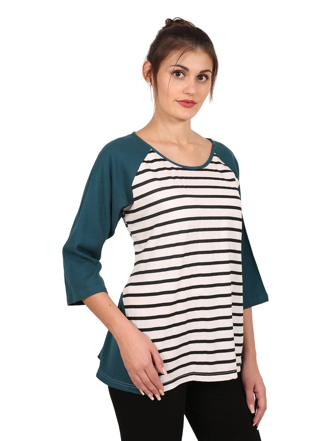 9teenagain women's black striped hosiery top (teal & black & white)