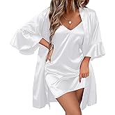 Ekouaer Women's Silk Robe Set V-neck 2 Piece Bridal Party Robes and Satin Bathrobe Set with Pockets