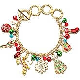 JULMELON Christmas Bracelet for Women Girls, Christmas Xmas Jingle Bell Bracelet Christmas Tree Snowflake Cane Gift Box Socks Crystal Pendant for Costume Party Holiday Jewelry