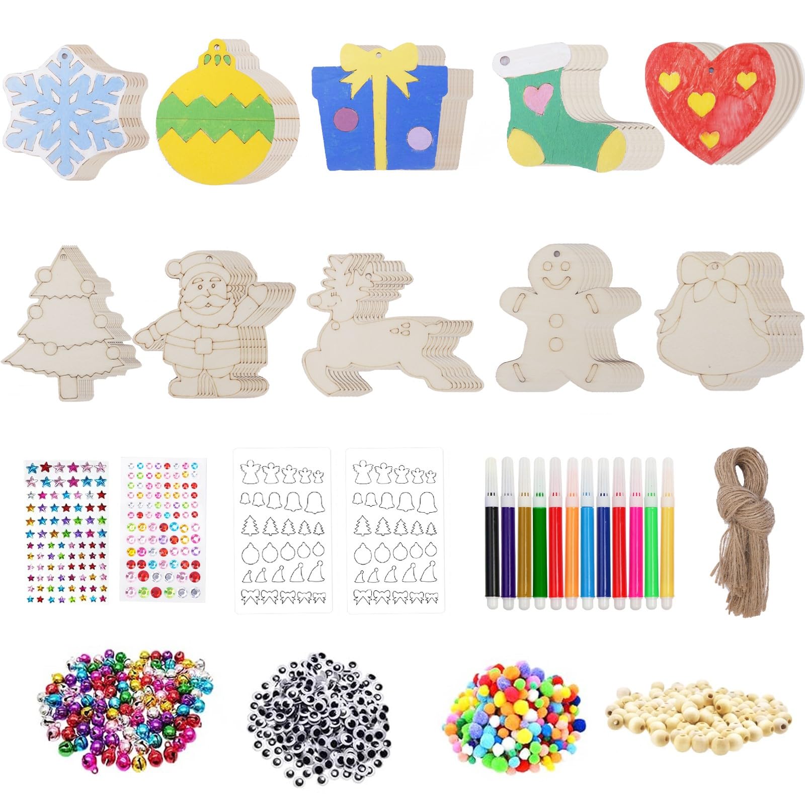 FOGAWA 376PCS Wooden Christmas Decorations Christmas Crafts for Kids Adults Wood Christmas Tree Decorations Wooden Christmas Ornaments with Colored Markers Twines for Crafts DIY Xmas Gifts