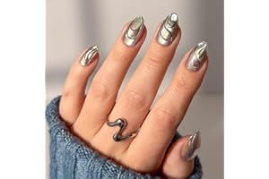 Glamnetic Press On Nails x Harry Potter™ - Unicorn Blood | Short Almond Fake Nails with Silver Chrome & 3D Swirl Design, Salon Quality Officially Licensed | 15 Sizes - 30 Nail Kit with Glue