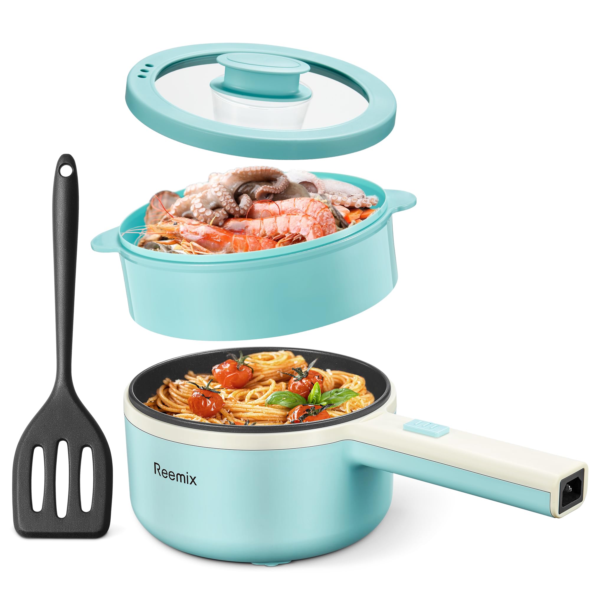 Hot Pot Electric With Steamer, 1.6L Ramen Cooker Non-Stick Sauté Pan for Steak, Egg, Fried Rice, Ramen, Oatmeal, Soup, Portable Personal Perfect Suit Dorm Room and Apartment (Aqua)