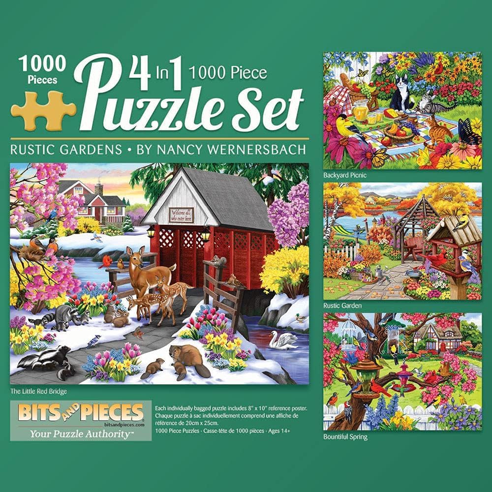Bits and Pieces - 1000 Piece Rustic Gardens Multipack 4-in-1 Puzzle Set - 1000 Piece Jigsaw Puzzle Set for Adults - Each Puzzle Measures 51cm x 69cm - Spring Garden Jigsaw by Artist Nancy Wernersbach