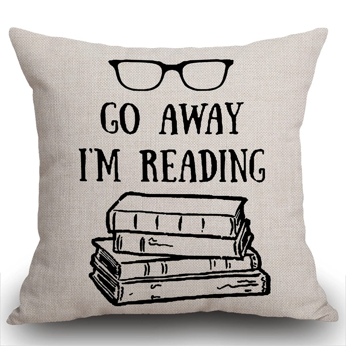 Smooffly Book Lover Reading Books Club Librarian Black Glasses Go Away I'm Reading Cotton Linen Cushion Cover Throw Pillow Case New Home Office Indoor Decorative Square 18X18 Inches 45x45 cm