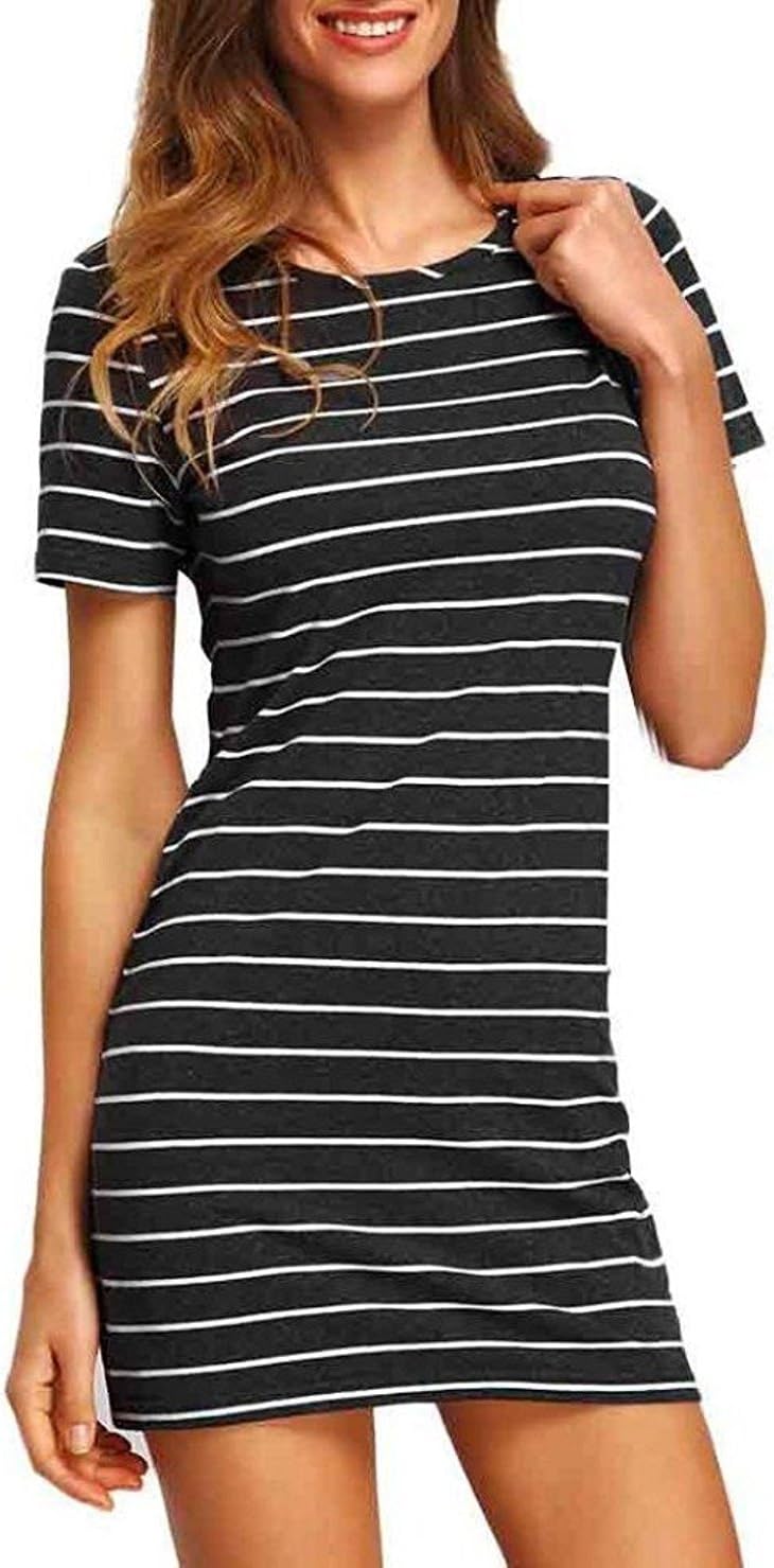 Tefamore Women Fashion Stripe Short Sleeve Loose T-Shirt Dress