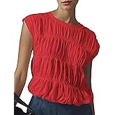 Ardrem Women Cap Sleeve Tiered Shirred Bubble Tops Cute Babydoll Blouse Solid Crew Neck Ruched Tee Shirts Smocked Tank Top