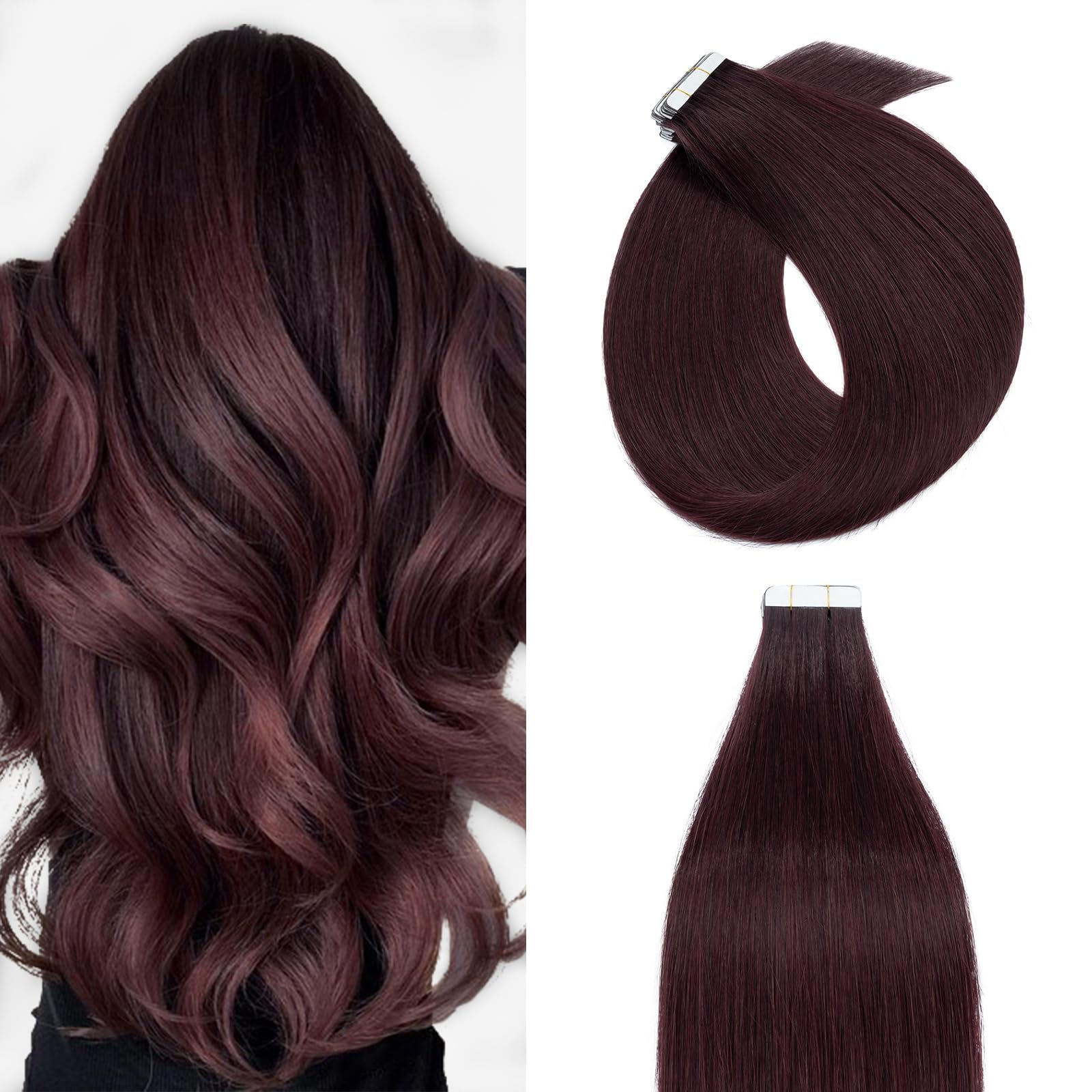 20pcs Tape in Hair Extensions 100% Remy Human Hair Straight Skin Weft Hair Extensions (16inch 50g, 20pcs/set, #99J Wine Red) — image 1